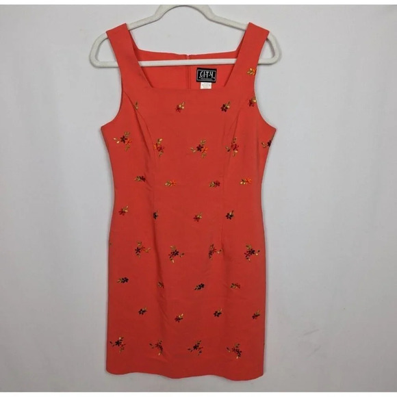 City Triangles 11 VTG 90s Y2K Knee Length Dress Embroidered Floral Square Neck - Picture 1 of 7